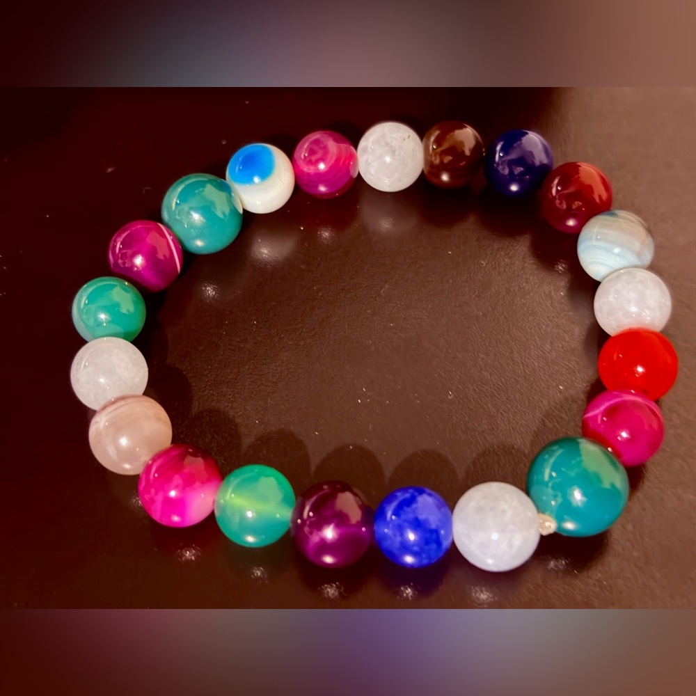 Multicolor Agate Aqua Chalcedony Stretch Bracelet, Size:7.25 - Picture 3 of 5